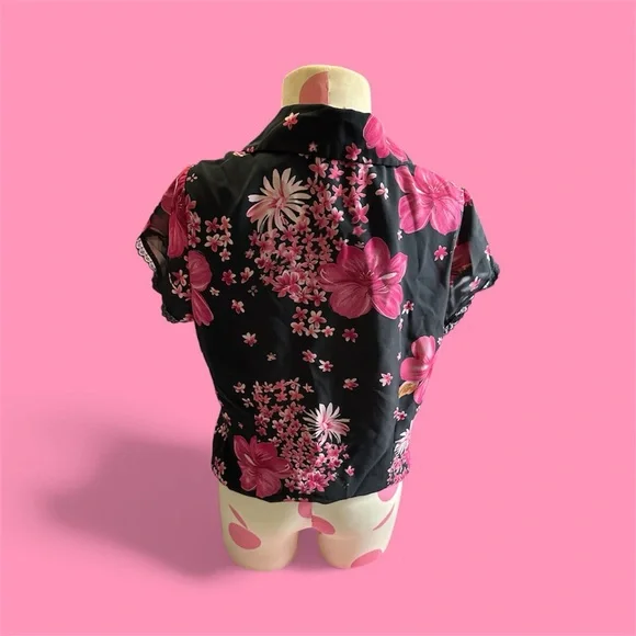 Vintage Floral Black and Pink Women's Top - Picture 3 of 4